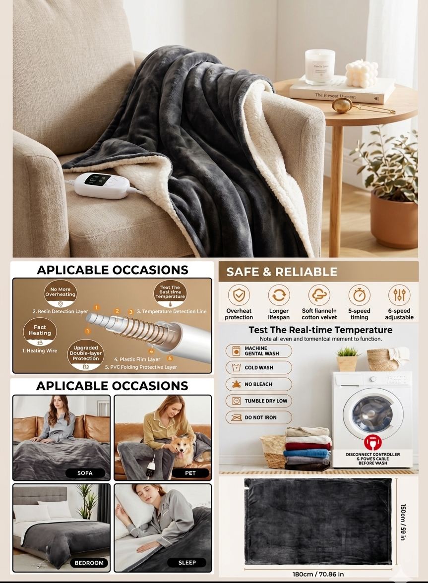 Soft Electric Heating Blanket – Premium Heated Throw (6 Heat Levels & Automatic Shut-Off)