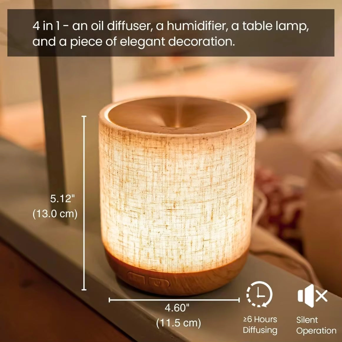 Fabric & Wood Essential Oil Diffuser – Mist & Light